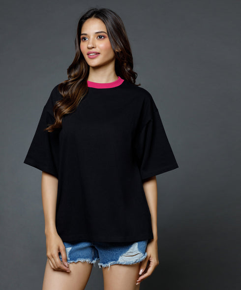 Mid Oversized Contrast Rib Black Tshirt